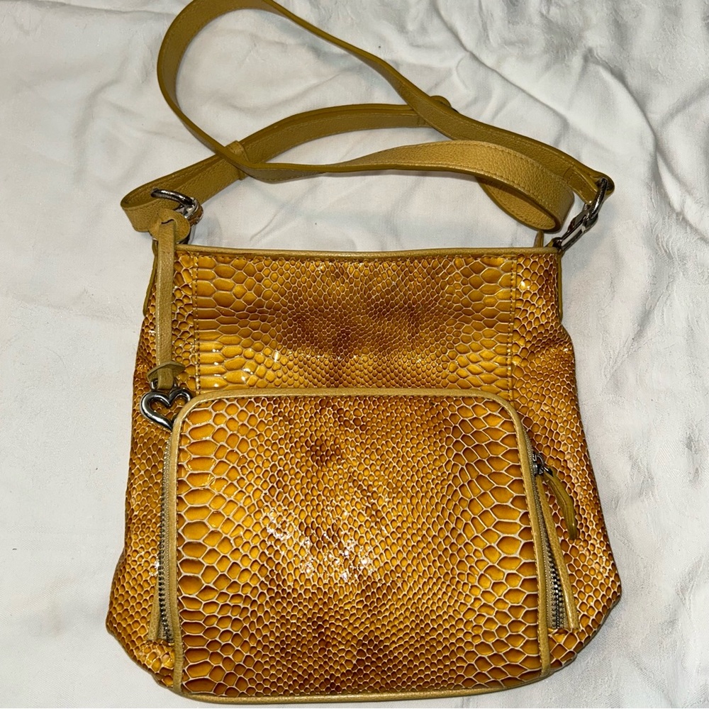 Brighton Purse Crossbody Bag Sprite Marygold Yellow Leather Snake Embossed Print